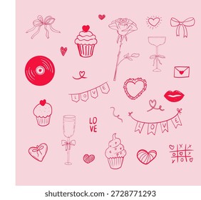 Whimsical Set winzige Herzen, Rose, Liebe Skizzenelemente, süß romantisch doodle kleine rote handgezeichnete Herzen auf rosafarbenem Hintergrund. Einfache Valentins Tag bg