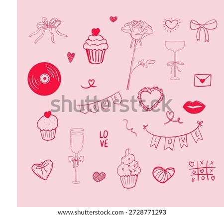 Whimsical set tiny hearts, rose, love sketch elements, cute romantic doodle small red hand drawn hearts on pink background. Simple Valentines day bg