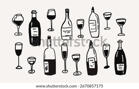 Whimsical set of various wine bottle and glass line art. Whimsy sketch drink cocktail glasses hand drawn doodle. Wedding coquette vector outline illustration