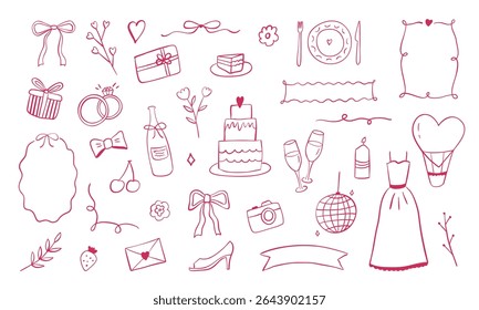 Whimsical Set of Wedding Elements as Cake, Rings, Bride Dress, Bow Tie, Frames. Perfect for Invitations, Posters, Decorations