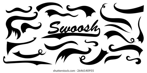 Whimsical set of whoosh, swirl, scroll, and curl elements. Perfect for sporty badge design, athletics themes, and decorative accents under text or logos. Vector collection of baseball swoosh
