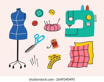 Whimsical Sewing Supplies and Tailoring Essentials. A charming and colorful collection of hand-drawn vector illustrations depicting various sewing tools and tailoring accessories.