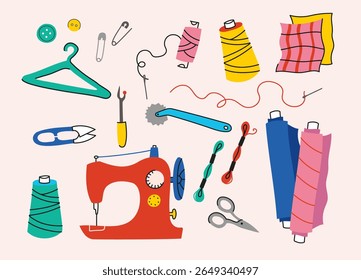 Whimsical Sewing Supplies and Tailoring Essentials. A charming and colorful collection of hand-drawn vector illustrations depicting various sewing tools and tailoring accessories.