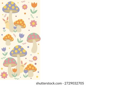 Whimsical side border template with colorful mushrooms and peeking bunnies, featuring copy space for a groovy Easter look.