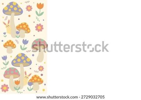 Whimsical side border template with colorful mushrooms and peeking bunnies, featuring copy space for a groovy Easter look.
