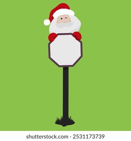 A whimsical sign featuring a Santa Claus with a fluffy white beard and cheerful expression. He holds an empty octagonal sign, ready for festive messages.