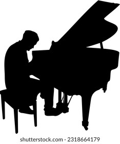 Whimsical Silhouette Vector Illustration of a Boy and His Piano, Captivating Silhouette Vector of a Young Boy Lost in Piano Melodies