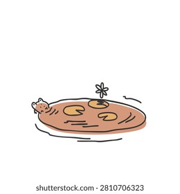 A whimsical and simple doodle featuring a tiny frog resting in a small pond surrounded by floating lily pads and a single blooming flower.