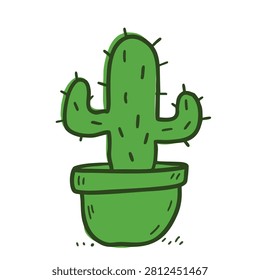 A whimsical and simple doodle style drawing of a potted green cactus with small thorns isolated on a white background