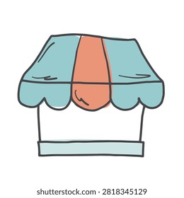 A whimsical and simple hand drawn doodle of a store awning with light blue and orange color sections isolated on a white background