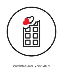 Um gráfico caprichoso e simplificado de uma barra de chocolate mordida com corações vermelhos flutuando sobre ela dentro de um círculo, simbolizando amor, doce afeto e momentos agradáveis. O design do vetor está limpo,