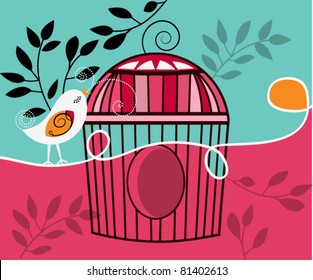 Whimsical singing bird with cage