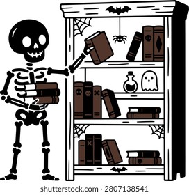 Whimsical skeleton curates a collection of mysterious books on a decorated shelf perfect for halloween promotions and festive invitations.