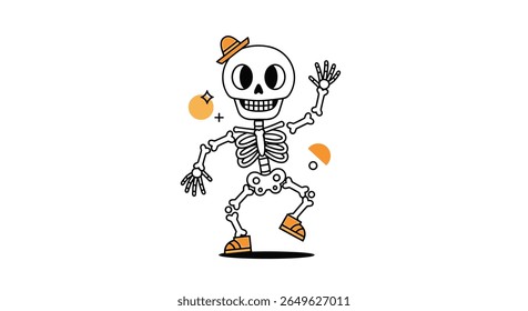 Whimsical skeleton dancing happily with a stylish hat and festive orange accents creating a joyful spooky vibe