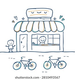 A whimsical sketch depicting a storefront with a smiling clerk inside, a happy child standing outside, and two bicycles parked in the foreground