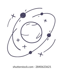 A whimsical sketch featuring a central planet orbited by small moons or satellites surrounded by scattered star icons