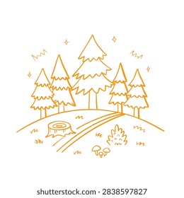 A whimsical sketch featuring a cluster of evergreen trees, a winding trail, a cut tree stump, and small mushrooms on a grassy hill.
