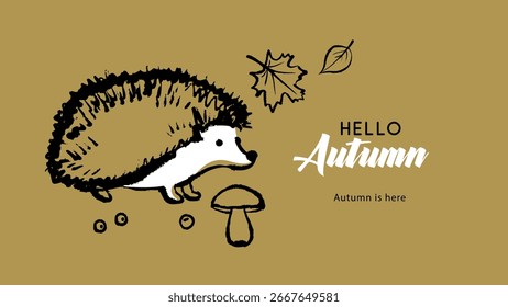 Whimsical sketch hedgehog in forest. Autumn poster. Cozy seasonal design for banner, invitation, social media. Hand drawn vector illustration.