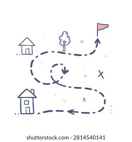 A whimsical sketch illustration featuring two simple house drawings a tree and a dotted path leading to a destination flag with arrows