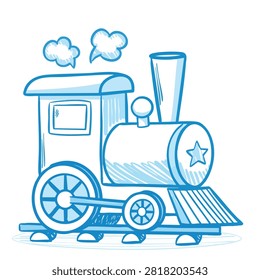A whimsical sketch of a vintage steam engine locomotive with a star on the front and puffs of smoke rising from the chimney