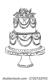 Whimsical sketch wedding cake illustration. Vintage ink invitation and place card design element
