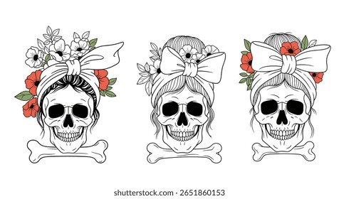 Crânios caprichosos adornados com flores e arcos cruzados ossos arte de Halloween