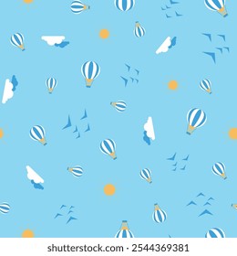 A Whimsical Sky Pattern Featuring Colorful Hot Air Balloons and Fluffy White Clouds