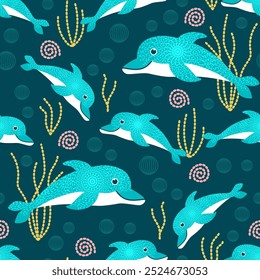 Whimsical smiling Dolphins swimming under water Vector Pattern. Wonderland textured dolphins nautical seamless pattern.
