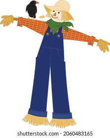 Whimsical Smiling Scarecrow With Hat And Overalls Chewing On A Piece Of Straw With Crow On Arm Looking At Him 