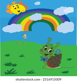 Whimsical Snail Under a Rainbow – Playful Children's Vector Art, Colorful Snail and Rainbow – Fun Cartoon Vector for Kids, Cheerful Snail in a Vibrant Meadow – Cute Children’s Illustration, rainbow