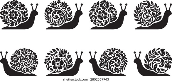 Whimsical Snails With Spiral Shells Intricately Filled With Detailed Floral Vine Graphics Silhouette Design Elements