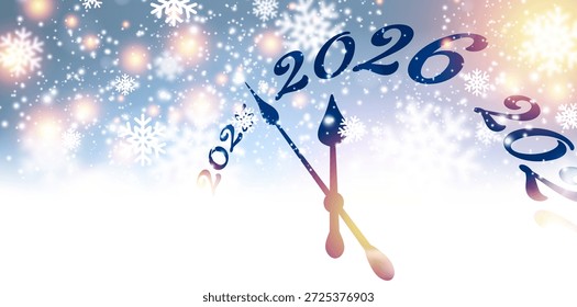 Caprichosos copos de nieve y luces suaves rodean un reloj que cuenta hacia 2026. Ilustración vectorial.
