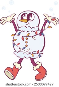 Whimsical snowman retro groovy character 