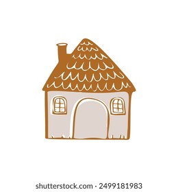 Whimsical snowy cottage door icon with december festive Christmas motif . Winter holiday social media cute hand drawn festive home card design element. 
