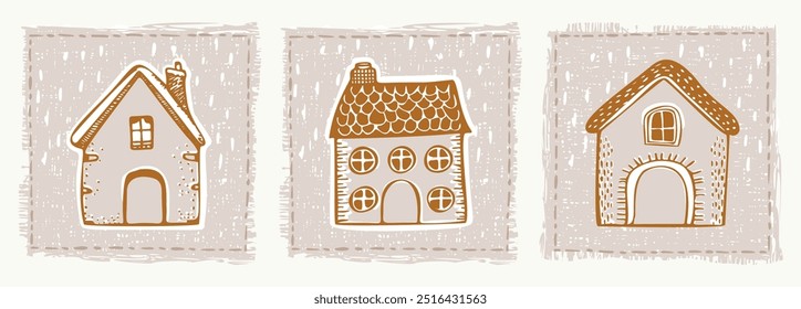 Ícone de porta de casa de campo de neve fantástico definido com motivo de Natal festivo de dezembro. Feriado de inverno férias de férias de mídia social. Lindos l mão desenhada festiva coleção de design de casa linha de casas grupo. 