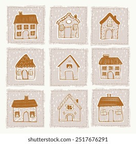 Whimsical snowy cottage door icon set with december festive Christmas motif. Winter holiday social media holiday getaway. Cute l hand drawn festive home design collection row of houses group. 