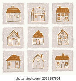 Whimsical snowy cottage door icon set with december festive Christmas motif. Winter holiday social media holiday getaway. Cute l hand drawn festive home design collection row of houses group. 