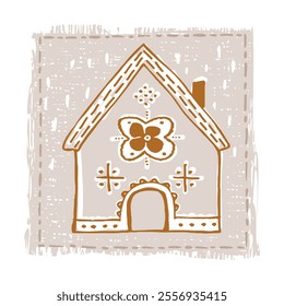 Whimsical snowy cottage door icon with december festive Christmas motif. Winter holiday social media cute hand drawn festive home card design element. 