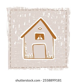 Whimsical snowy cottage door icon with december festive Christmas motif. Winter holiday social media cute hand drawn festive home card design element. 