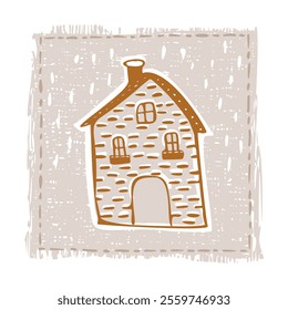 Whimsical snowy cottage door icon with december festive Christmas motif. Winter holiday social media cute hand drawn festive home card design element. 