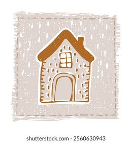 Whimsical snowy cottage door icon with december festive Christmas motif. Winter holiday social media cute hand drawn festive home card design element. 