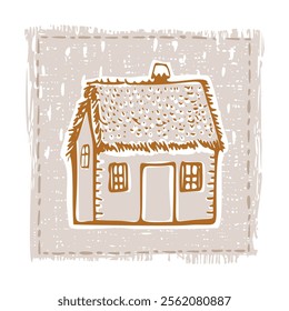 Whimsical snowy cottage door icon with december festive Christmas motif. Winter holiday social media cute hand drawn festive home card design element. 