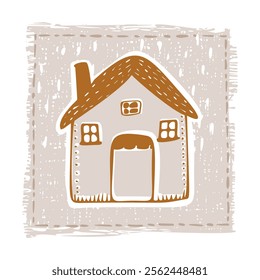 Whimsical snowy cottage door icon with december festive Christmas motif. Winter holiday social media cute hand drawn festive home card design element. 