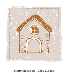 Whimsical snowy cottage door icon with december festive Christmas motif. Winter holiday social media cute hand drawn festive home card design element. 