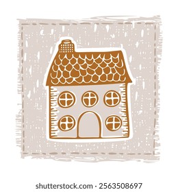 Whimsical snowy cottage door icon with december festive Christmas motif. Winter holiday social media cute hand drawn festive home card design element. 