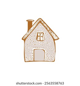 Whimsical snowy cottage door icon with december festive Christmas motif . Winter holiday social media cute hand drawn festive home card design element. 