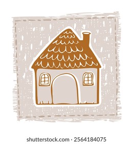 Whimsical snowy cottage door icon with december festive Christmas motif. Winter holiday social media cute hand drawn festive home card design element. 