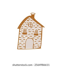 Whimsical snowy cottage door icon with december festive Christmas motif . Winter holiday social media cute hand drawn festive home card design element. 