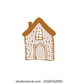 Whimsical snowy cottage door icon with december festive Christmas motif . Winter holiday social media cute hand drawn festive home card design element. 