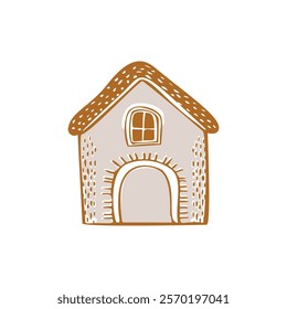 Whimsical snowy cottage door icon with december festive Christmas motif . Winter holiday social media cute hand drawn festive home card design element. 